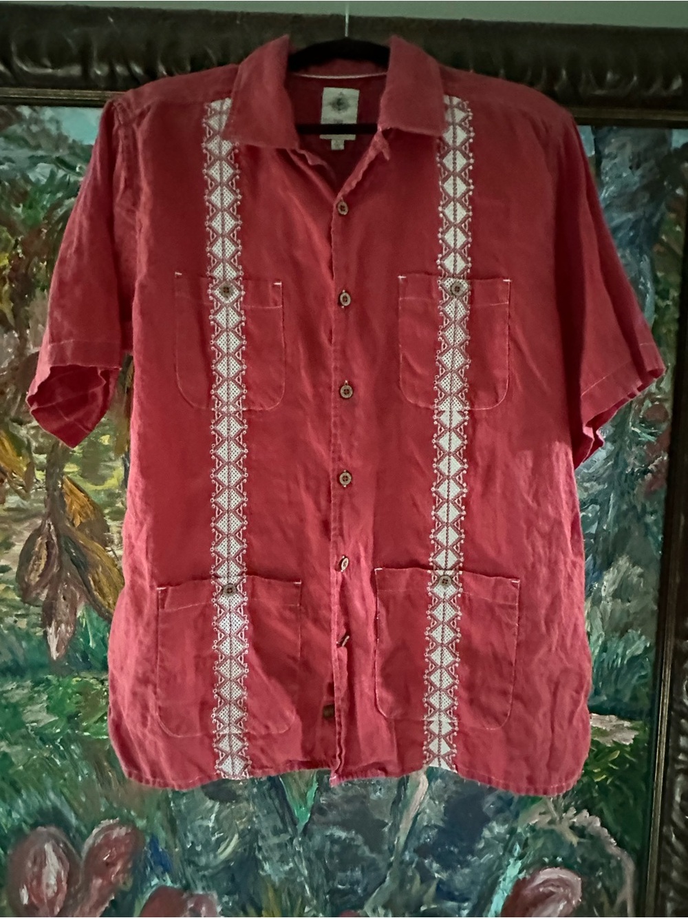 Red Embroidered Linen Guayabera-Style Button Shirt